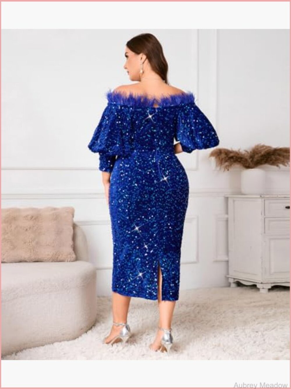 Sequin Off Shoulder Puff Sleeve Bodycon Midi Dress - Picture 2 of 7